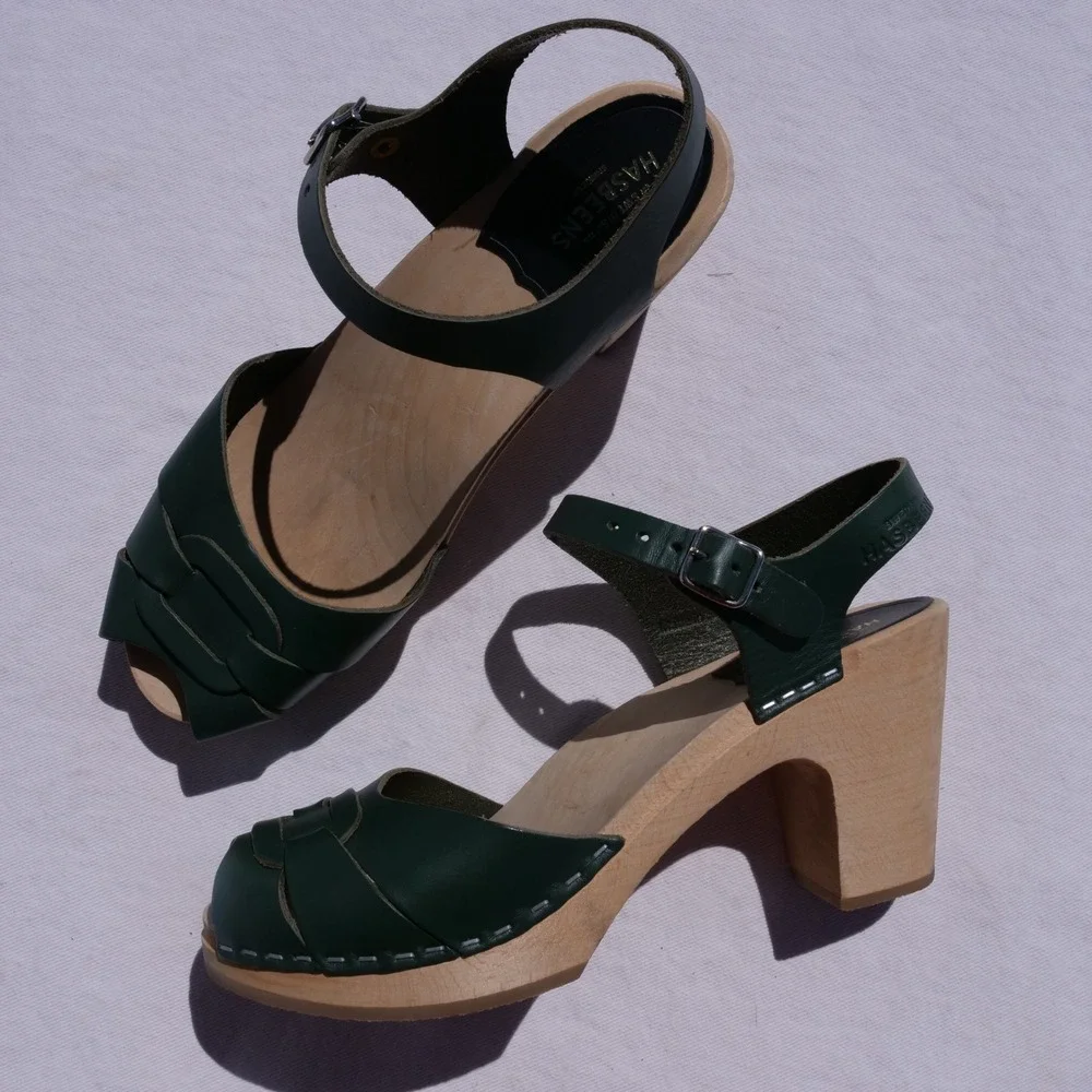 Modern‎ Swedish Hasbeens green leather peep toe high wooden platform sandals